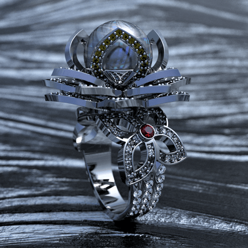 Modern pearl ring design with diamonds, ruby, aquamarine, spinel and citrine gemstones